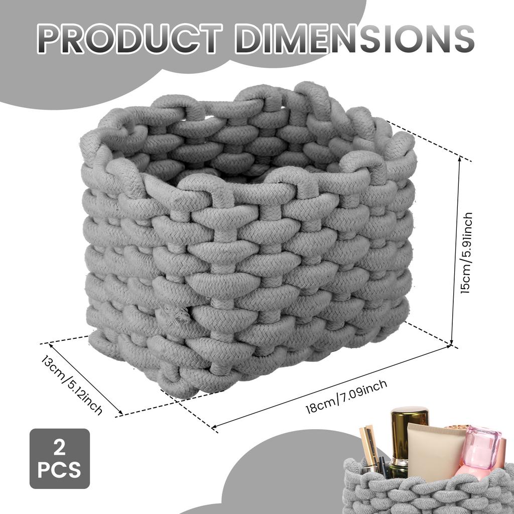 2Pcs Cotton Rope Woven Storage Basket Small Square Basket for Cute Bedside Caddy Desktop Cosmetics Organizing