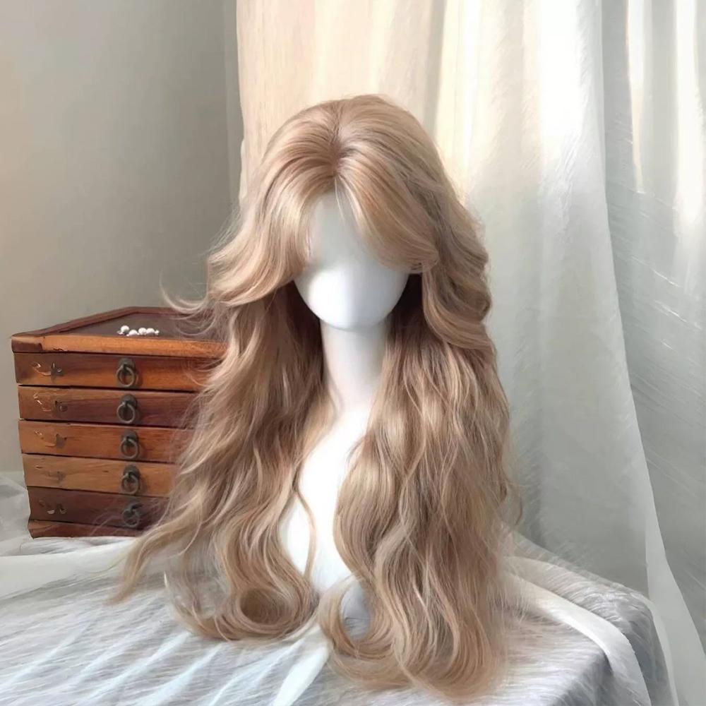 Lange gewellte blonde synthetische Perücke Mittelscheitel Fluffig Lolita Cosplay Damenperücke Hitzebeständig für tägliche Party