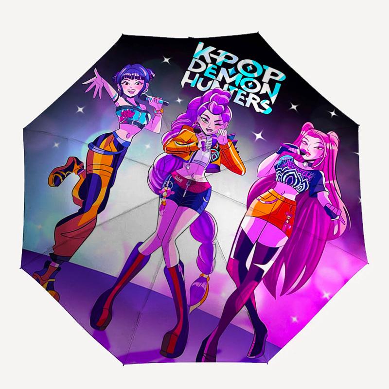 1pc K-POP Demon Hunters Automatic Folding Umbrella Portable 3-Fold Design with 8-Bone Iron Frame Outdoor for Fans, Travelers, Everyday Use Ideal Gift