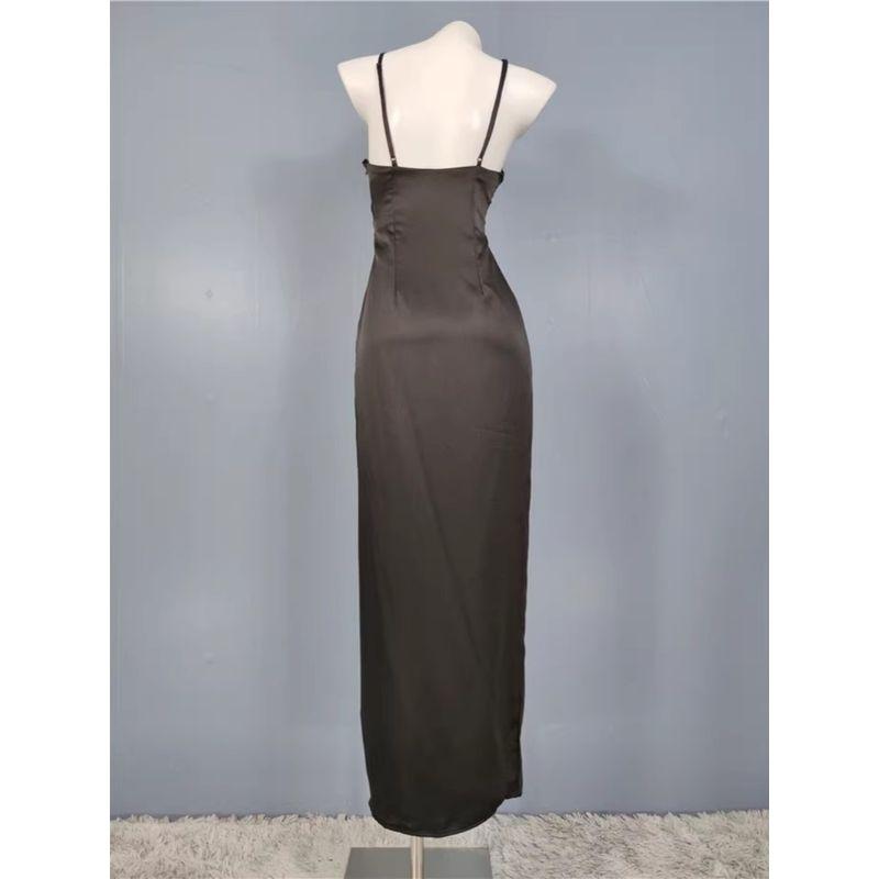 Export Lu's Sling Hepburn Dark High Quality V Neck Split Waist Fitted Slimming and Fashionable Smooth Fabric Dress
