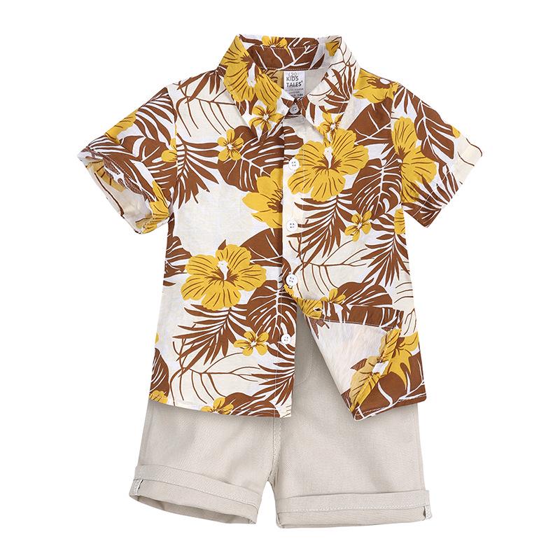 Blumenblatt-Print Kurzarm-Hemd Set für Jungen - Europäischer & Amerikanischer Stil