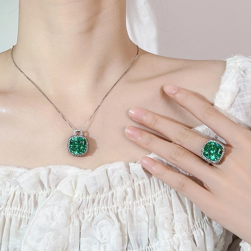 Set Necklace Ring Jewelry Retro Simulation Sea Blue Para Green Fat Square Simple Style Women'S Premium
