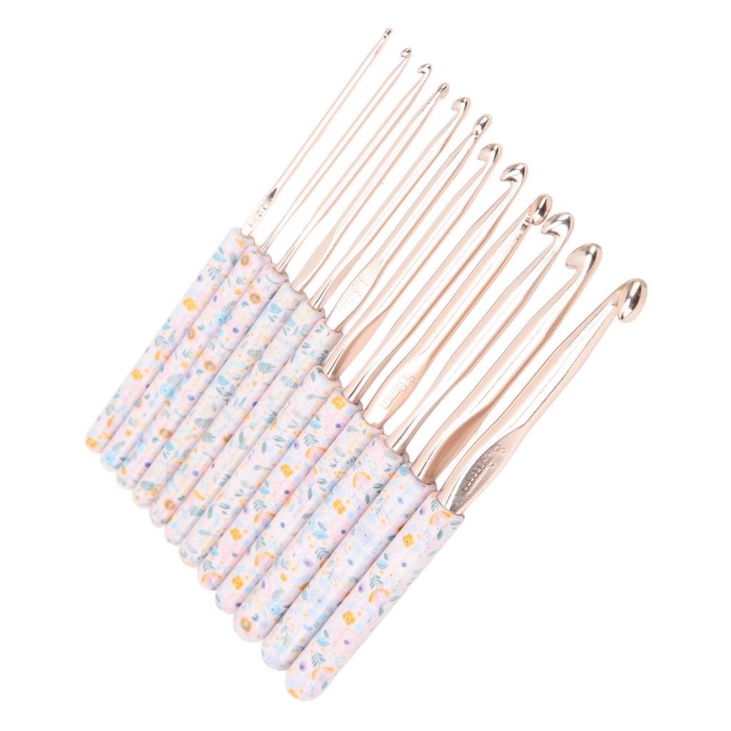 Crochet Needles Set Aluminium 12 Sizes Elegant Ergonomic Plastic Blue Flower Stamped Handle Crochet
