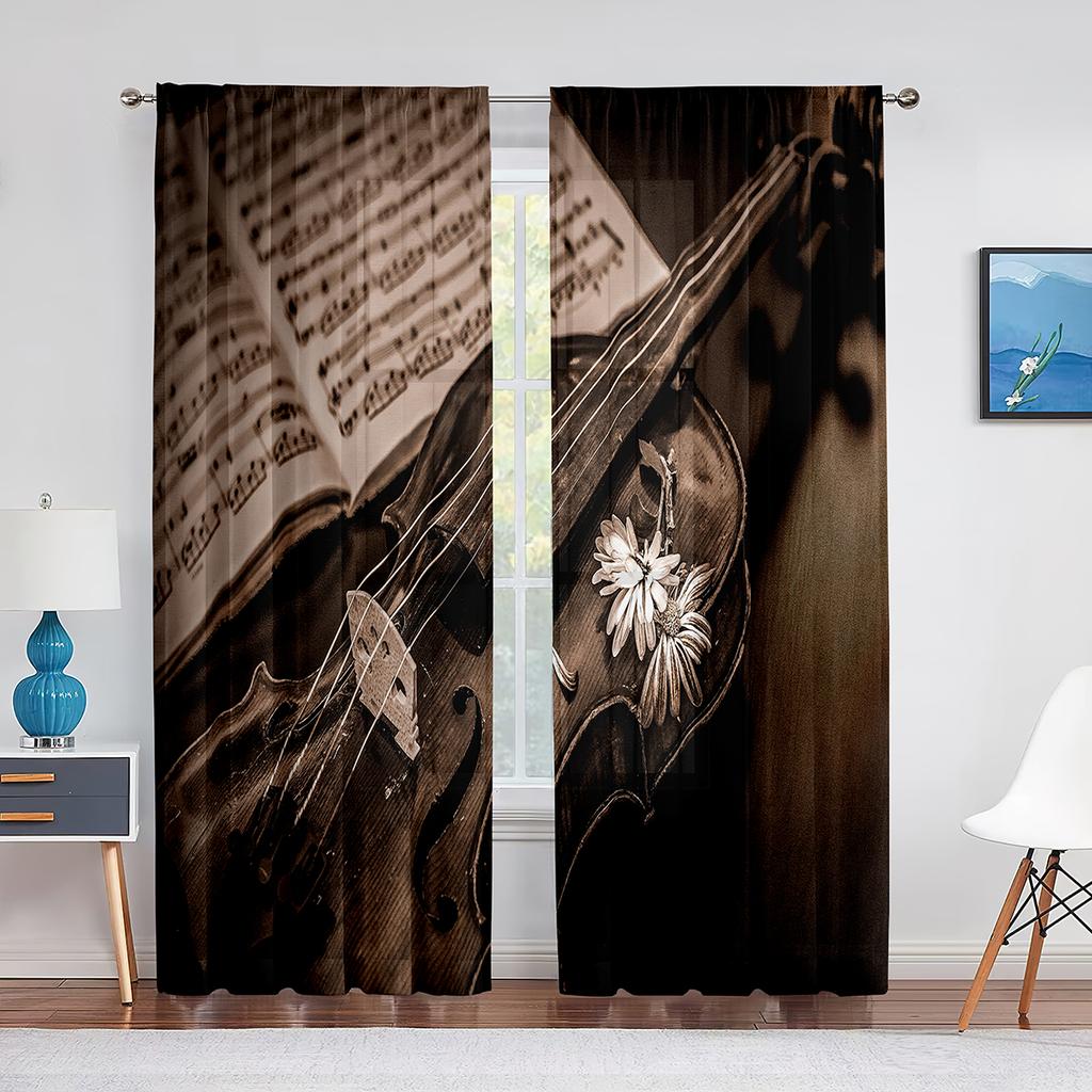 Vintage Fiolin på Trä Skira Voilgardiner för Vardagsrum Sovrum Chiffong Tyllgardiner Kök Fönsterbehandlingar Draperier