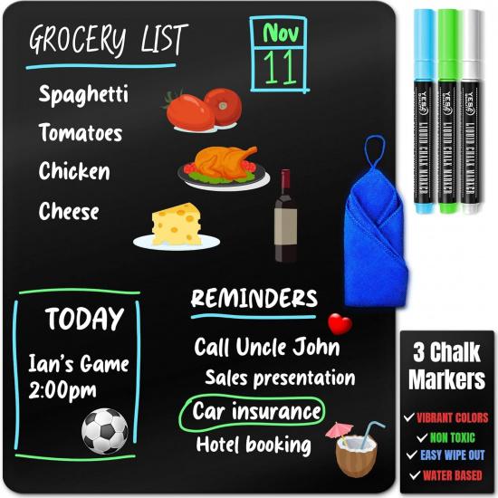 Magnetic Black Dry Erase Board for Fridge (12 x 8 inch), Stain-Resistant w/ 3 Magnetic, Fine-Tip Neon Chalk Markers & Eraser by Yes4Quality