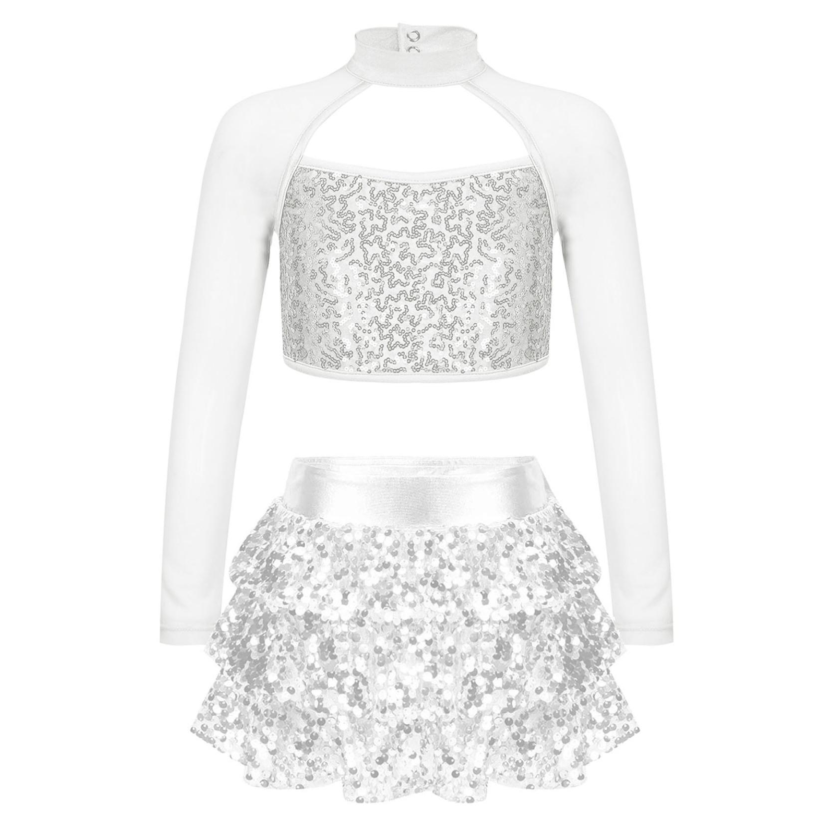 

Детский наряд для танцевального выступления с блестящими пайетками для девочек, укороченный топ с длинными рукавами и вырезами, многоярусные шорты с юбкой с рюшами, шорты-кюлоты 9-10 Years серебряный