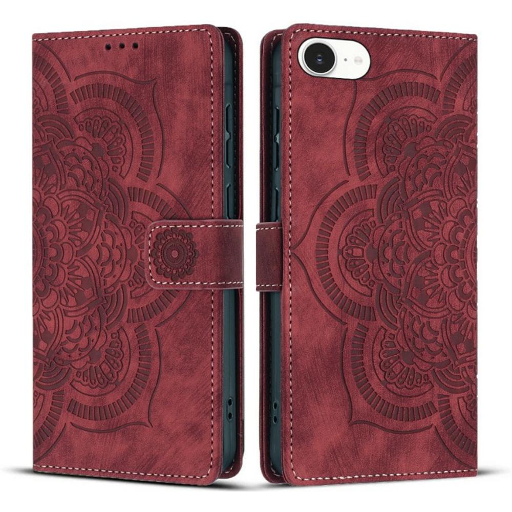 

WANLONFENG HDM Series For iPhone 16e Leather Case Mandala Imprint Wallet Stand Phone Cover Wine Red