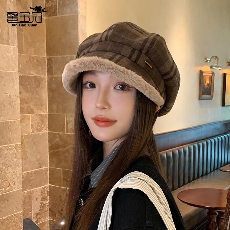 Warm Fleece Plaid Beret Hat Women Winter Retro Octagonal Cap Chic Foldable Beanie With Short Brim