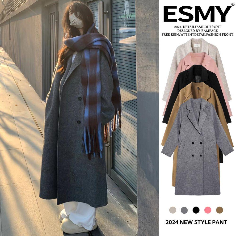 ESMY Women's Grey Woolen Trench Coat - Autumn/Winter Thick Padded Loose Overcoat