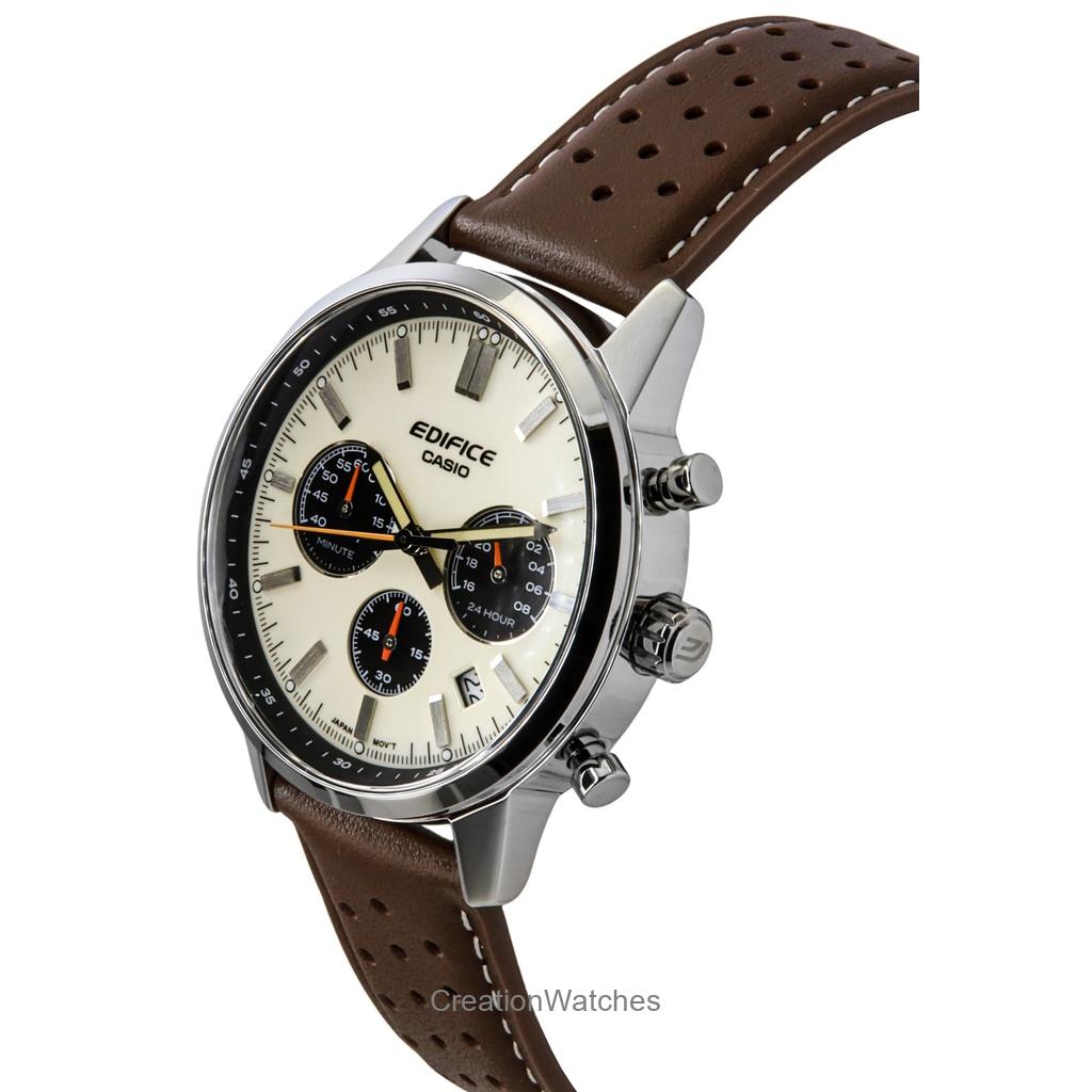 Casio Edifice Analog-Chronograph Lederarmband Cremefarbenes Zifferblatt Quarz EFR-575L-7A 100M Herrenuhr