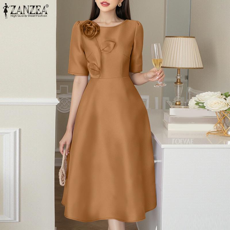 ZANZEA Women Summer Casual 3D Flower Splice Short Sleeve Dress