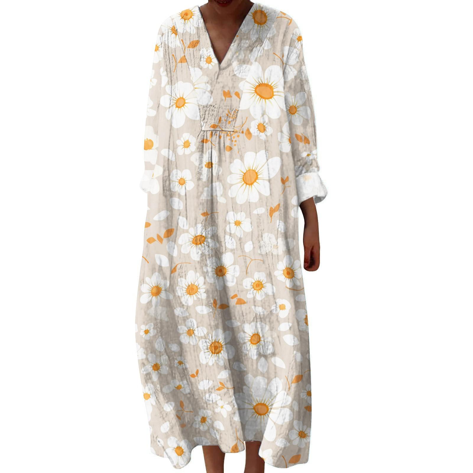 

Жіноча повсякденна та модна сукня з V-подібним вирізом та квітковим принтом, з довгим рукавом XL білий