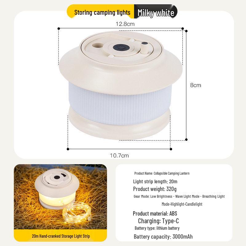 Rechargeable Outdoor Camping LED String Lights with Measuring Tape and Gas Atmosphere Lighting, Long Battery Life, Wind-Resistant Hanging Tent Rope.