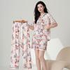 Women's Plus Size Ice Silk Pajama Set: Summer Short Sleeve 3-Piece with Long Pants, Comfortable & Breathable for Home or Outdoor Wear.