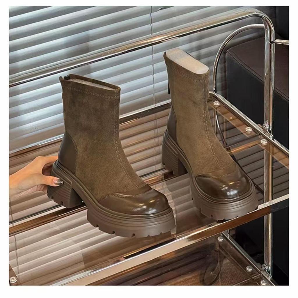Medium boots 2025 autumn and winter new elastic thin boots thick heel boots fashionable versatile thick-soled British style medium heel women's boots