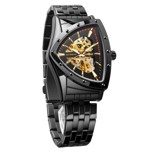 FORSINING Men's Skeleton Automatic Mechanical Watch with Triangular Dial and Luminous Self-Winding Movement, Stainless Steel Bracelet or Soft Silicone