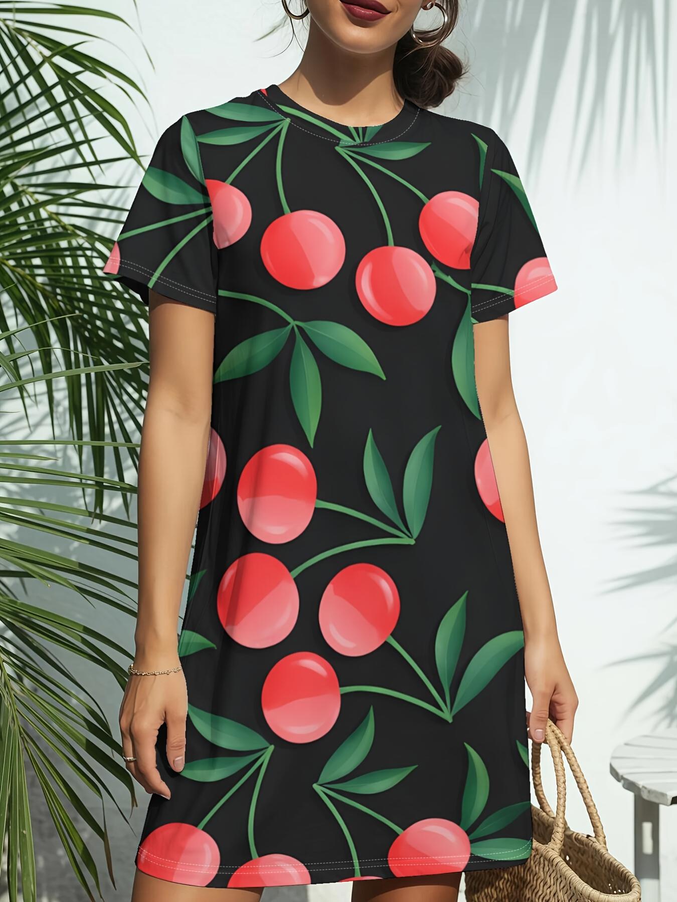 

Red Cherry Fruit Print New Women S Round Neck Short Sleeve T-Shirt Dress. American Style Trendy Digital Printing. Casual And Versatile for Spring And XL дубильна кора
