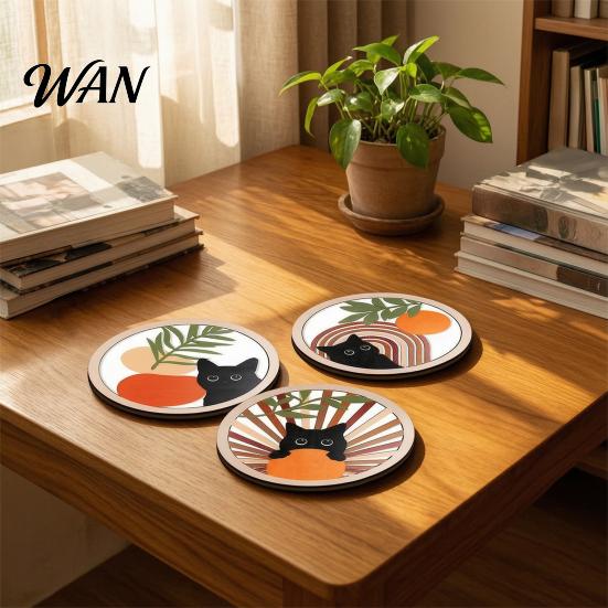 Thermal Insulation Coaster 4Pcs Healing Black Cat Wooden Coaster, Creative Heat Mat, Anti Slip Thickened Desk Protector for Coffee Cup Resistant