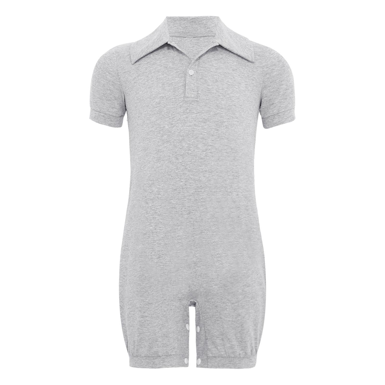 

Unisex Kids Special Needs Clothing Turn Down Collar Short Sleeve Press Buttons Crotch Solid Color Adaptive Jumpsuit 3-4 Years сірий