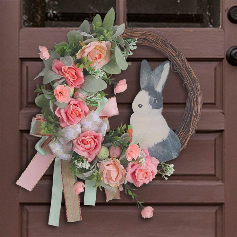AEE4-Easter Wreath For Front Door Decoration Easter Egg Bunny Flower Garland For Front Door Art Decor Spring Door Wall Window