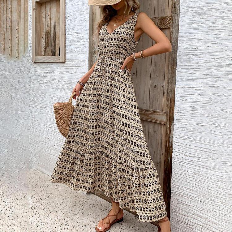 High Waist Women Dress Print Temperament Fashion Lace Up Sleeveless Pleated Autumn Winter Color
