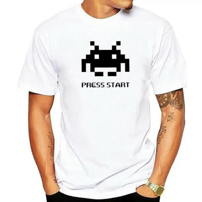 Camiseta para Hombre Press Start Space Invaders Invasión Marciana Juego de Disparos a Extraterrestres Camisetas de Algodón Manga Corta 4XL 5XL Tops