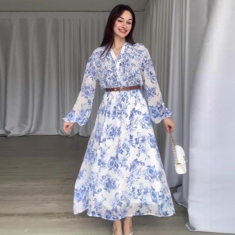 

Платье женское осеннее 2024 года в европейском и американском стиле с цветочным принтом, V-образным вырезом и длинными рукавами XXXL светло-синий