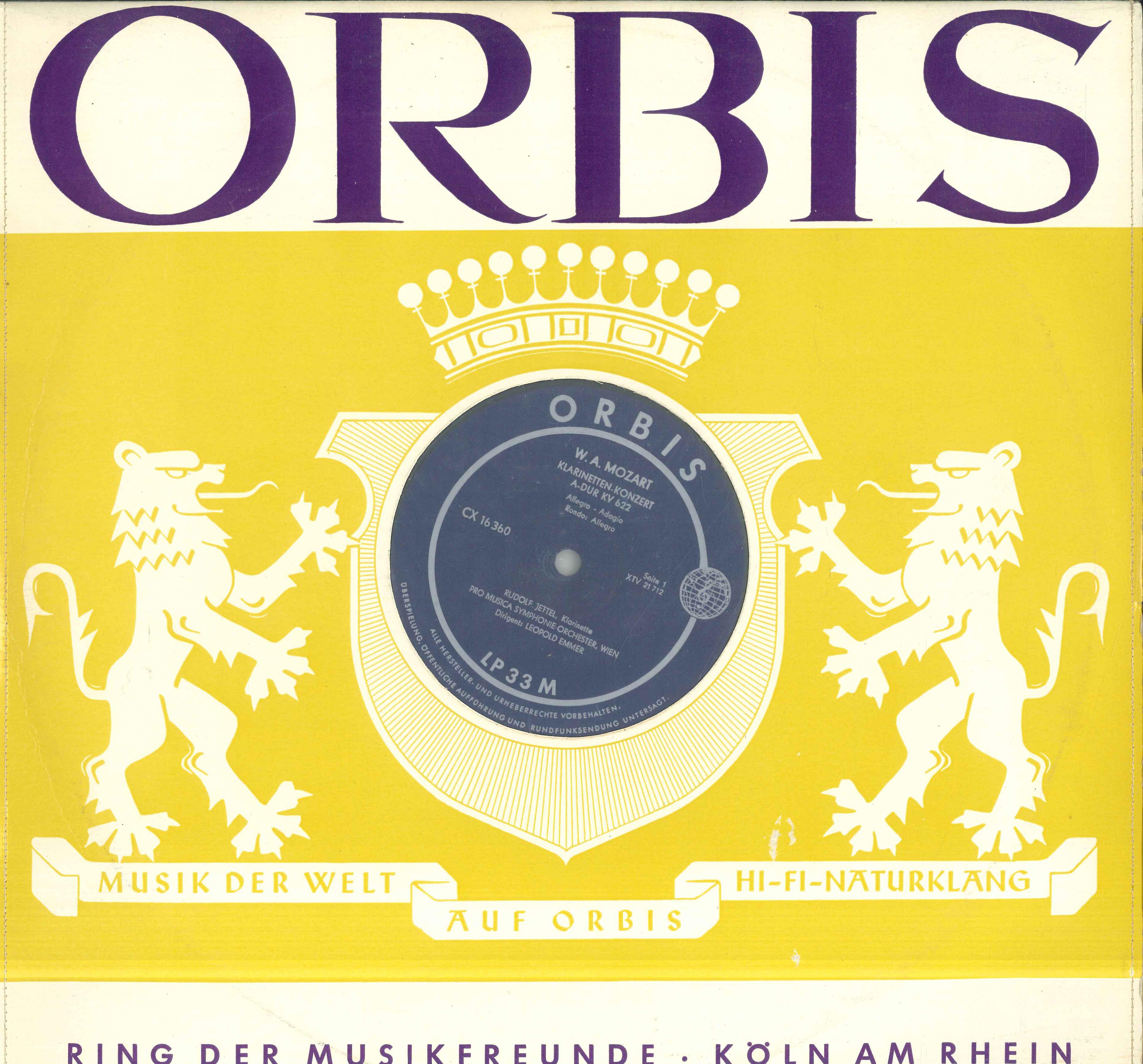 

LP Record RUDOLF JETTEL LEO CERMAK LEOPOLD Mozart Klarinettenkonzert Adur Kv CX16360 ORBIS Germany Classical Used