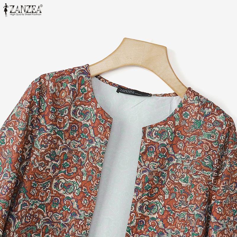ZANZEA Boho-Print Damen Lässig Offen Vorne 3/4 Ärmel Locker Überwurf Bluse