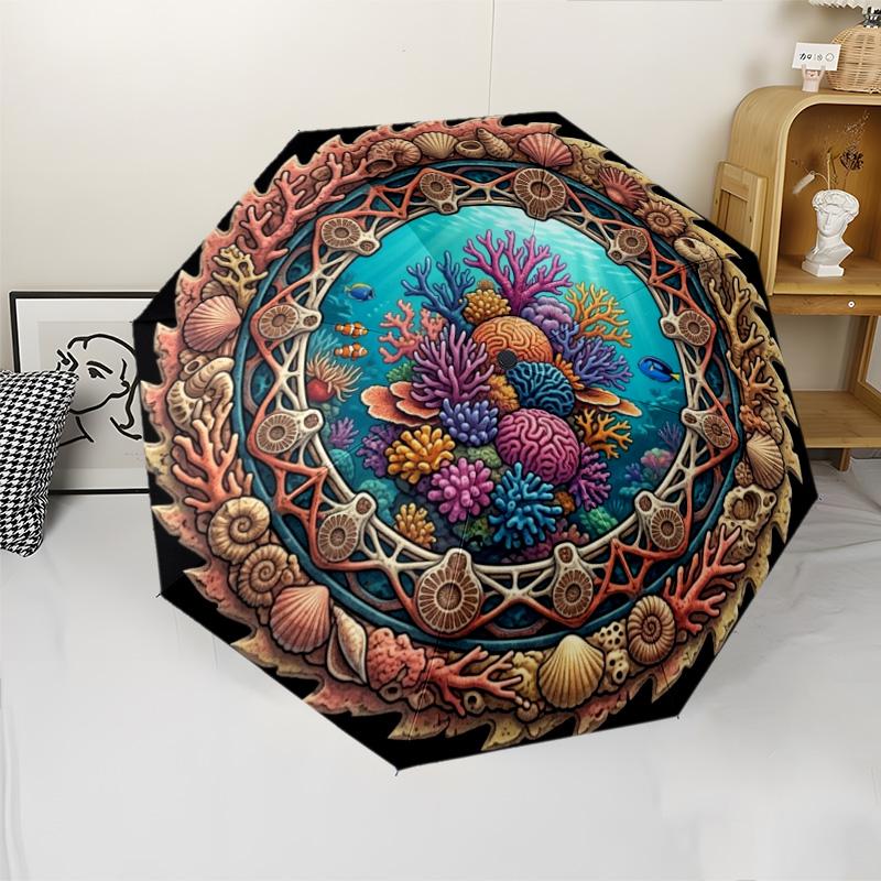 Underwater Coral Reef Scene Pattern Umbrella, Portable and Foldable Design, 8 Ribs, a Casual Accessory for Halloween, Christmas, and Birthday Gifts.