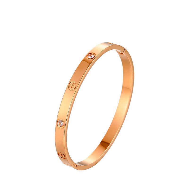 Rose Gold Titanium Steel Bracelet for Women: Light Luxury, Diamond Inlaid, Non-Fading, Fashionable, High-End European and American Style.