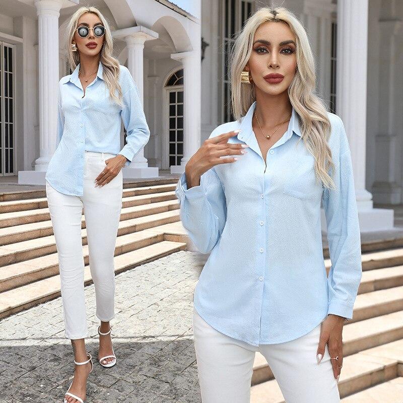 

Office Ladies Blouse Womens Clothing 2026 Autumn Solid Cotton Long Sleeve Shirts Button Up Loose Casual Shirt Women Tops 29307 S светло-синий