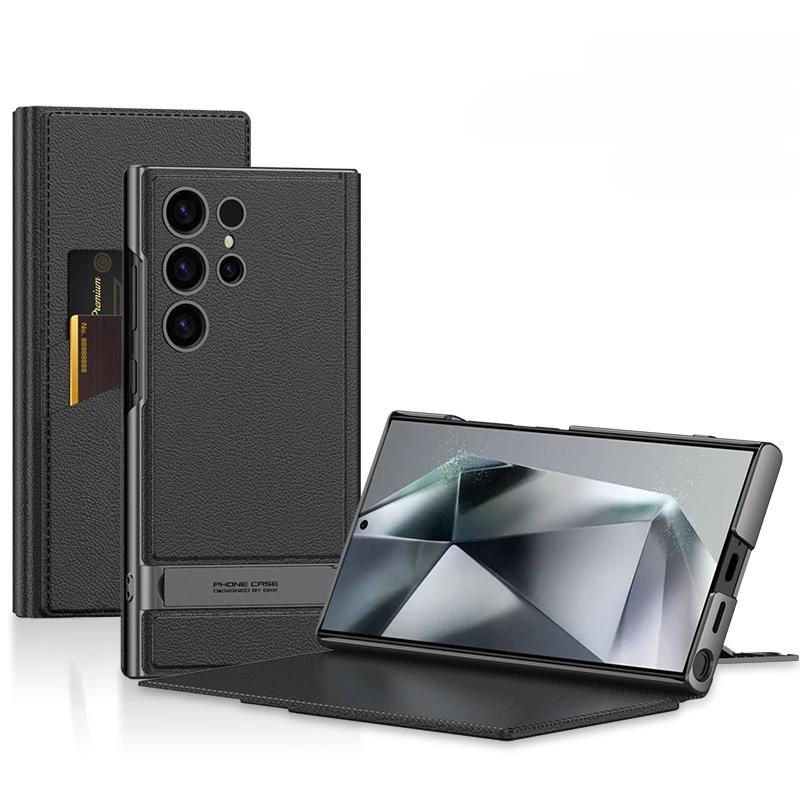 Flip Leather S24 Ultra Carbon Fiber Pattern Phone Case for Samsung Galaxy S24 Ultra Rack Card Holder Shockproof Protective Cover