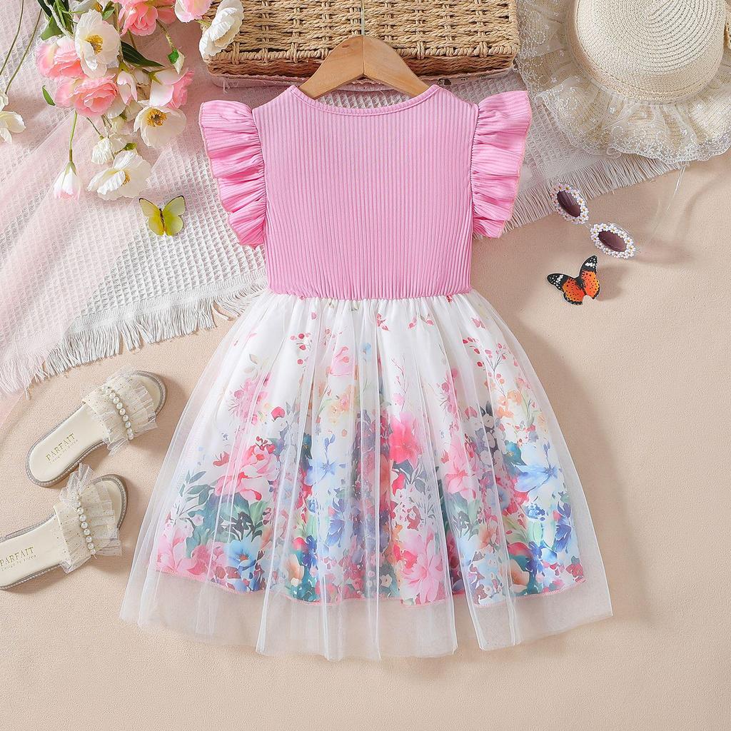 Girls' Summer Cap Sleeve Mesh Princess Dress with Waist Bow