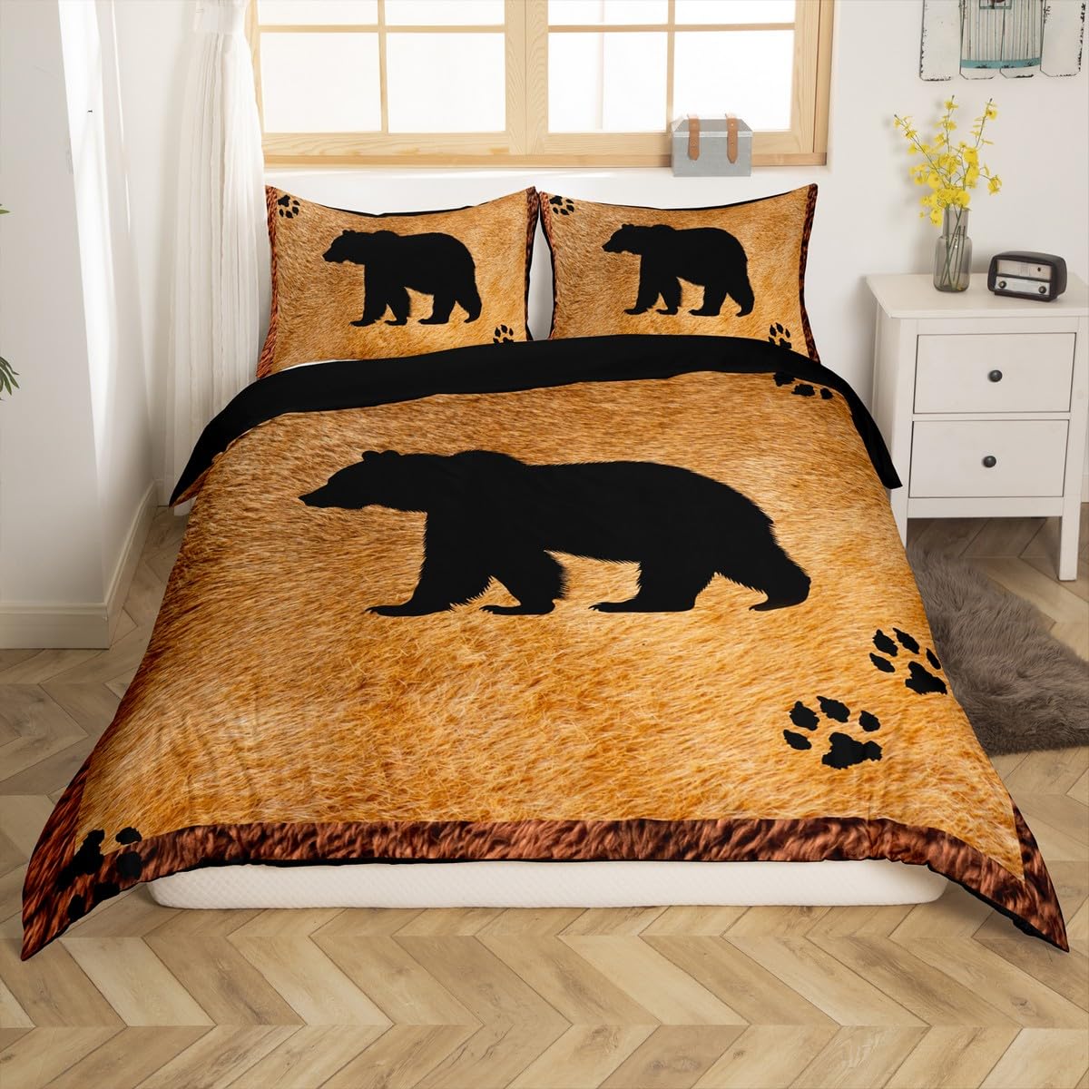 

Bear Duvet Cover King Nature Smoky Mountain Bedding Set Black Gray Tree Comforter Cover Polyester Quilt Cover with 2 Pillow Case (135x200cm)