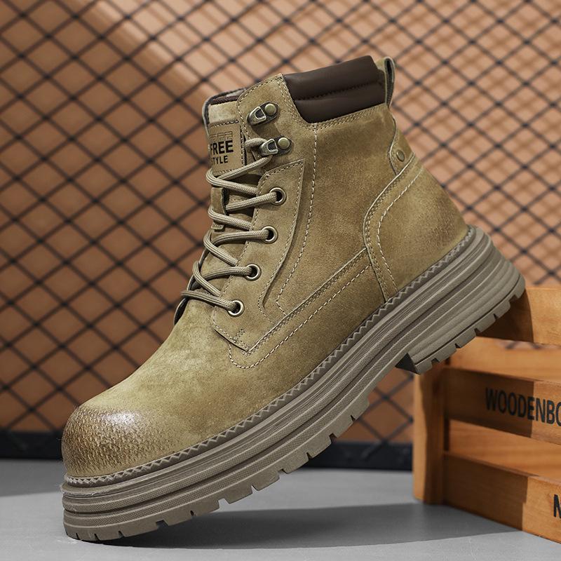 

Мужские ботинки Мартин из натуральной кожи 2025: Ретро британский желтый, на толстой подошве, трендовый, короткая обувь для пеших прогулок и альпинизма на открытом воздухе хаки