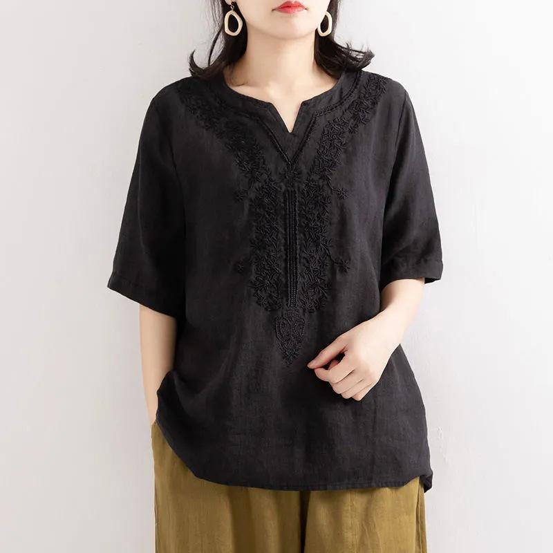 Women's Retro V-Neck Cotton Linen T-Shirt – Summer 2024 Short-Sleeve, Loose Fit, Solid Color.