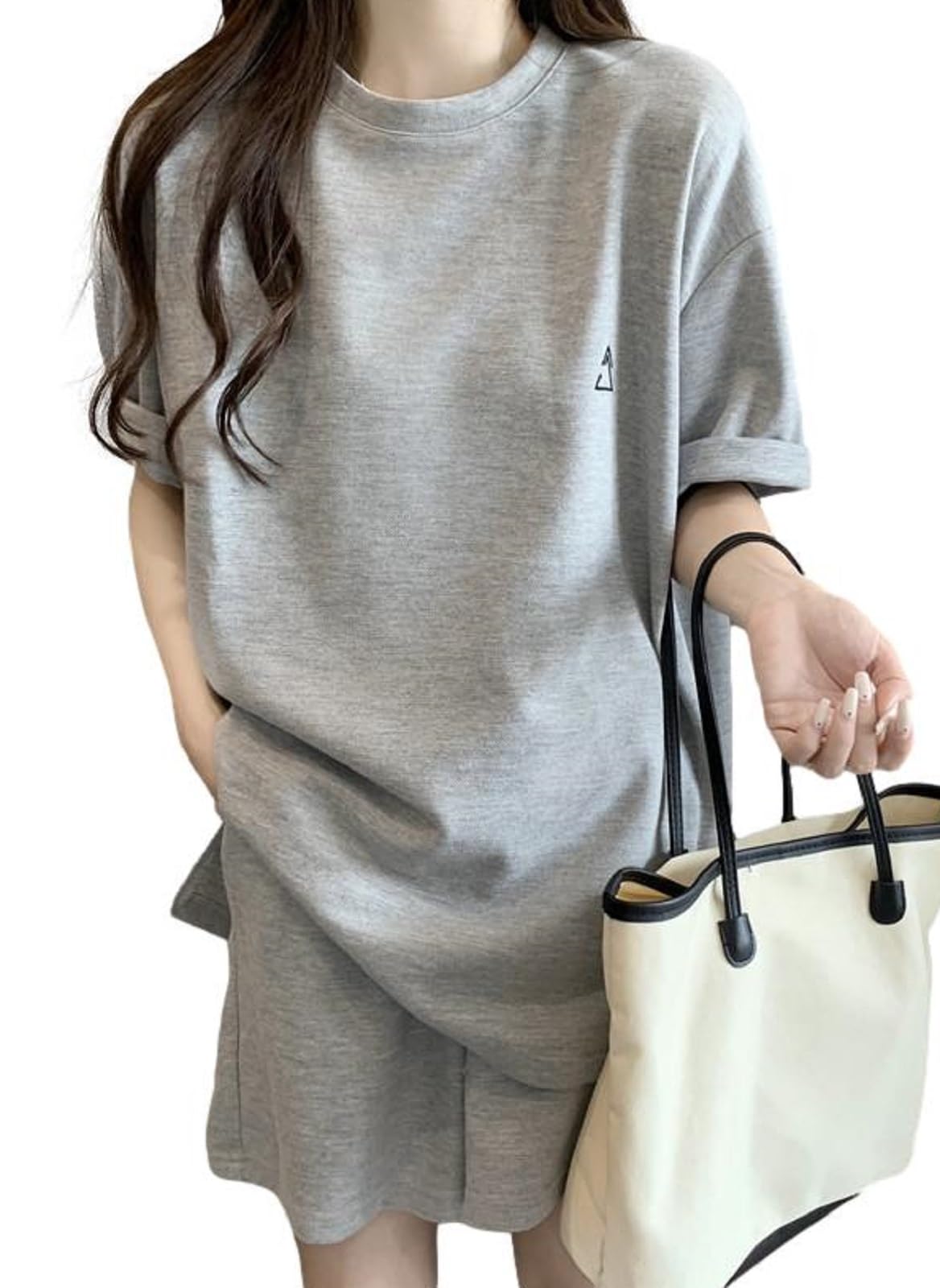 

Свитшот и брюки One Mile, с коротким рукавом и для дома, размер [1/2style], женский комплект, футболка, (Светло-серый, М)