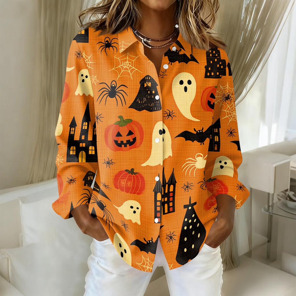 Women's Halloween Print Button Down Shirt Long Sleeve Casual Regular Fit Collared Blouse Top for Everyday Wear