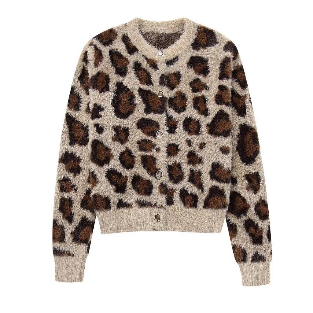 European & American Women's Round Neck Animal Print Faux Fur Knitted Cardigan Coat - Winter Collection