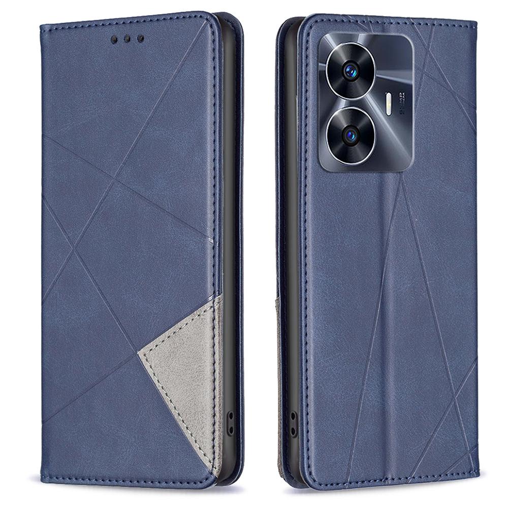 

For Realme C55 Splicing PU Leather Card Holder Phone Shell Imprinting Pattern Cell Phone Stand Case Blue