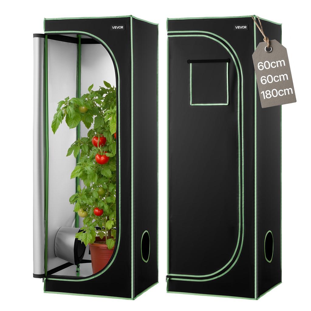VEVOR Indoor Grow Tent, 60 x 60 x 180 cm, 600D High Reflective Mylar, Indoor Plant Tent with Observation Window, Floor Tray & Zipper