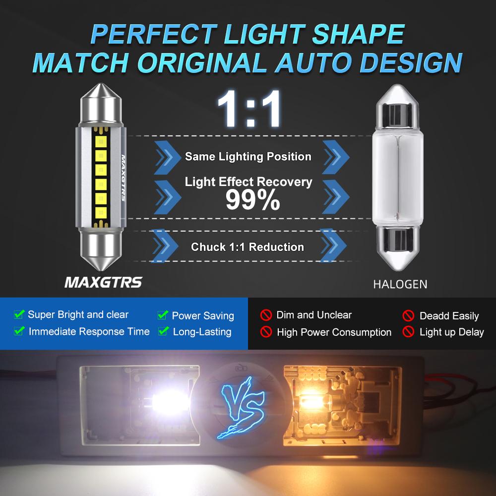 MAXGTRS 2Pcs LED C5W C10W 39mm 41mm 42mm Festoon Canbus Error Free 6500K White Car Interior Light Reading Dome Trunk Lamp 12V