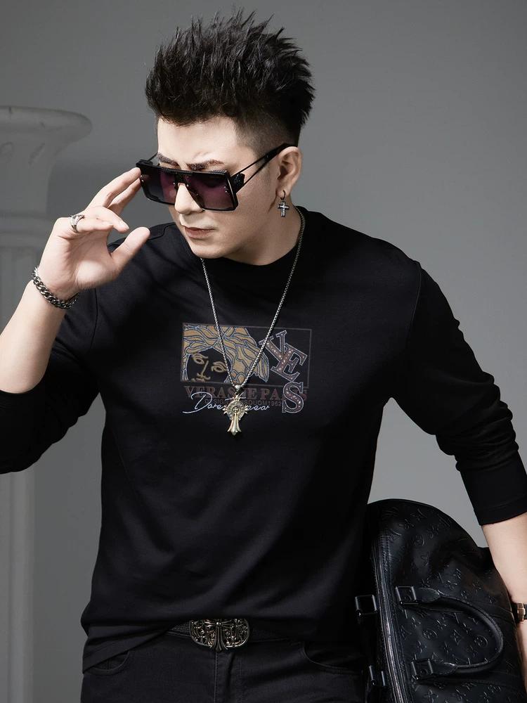 

European Style Round Neck Long Sleeve T-Shirt for Men, 2025 Autumn New Trendy Printed Rhinestone Base Shirt Casual Top 3XL чёрный
