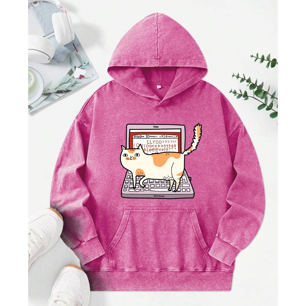 Cats Walking On Computer Keyboards Prints Washed Hoodies Women Cotton Fashion Clothes Autumn Loose Hoody