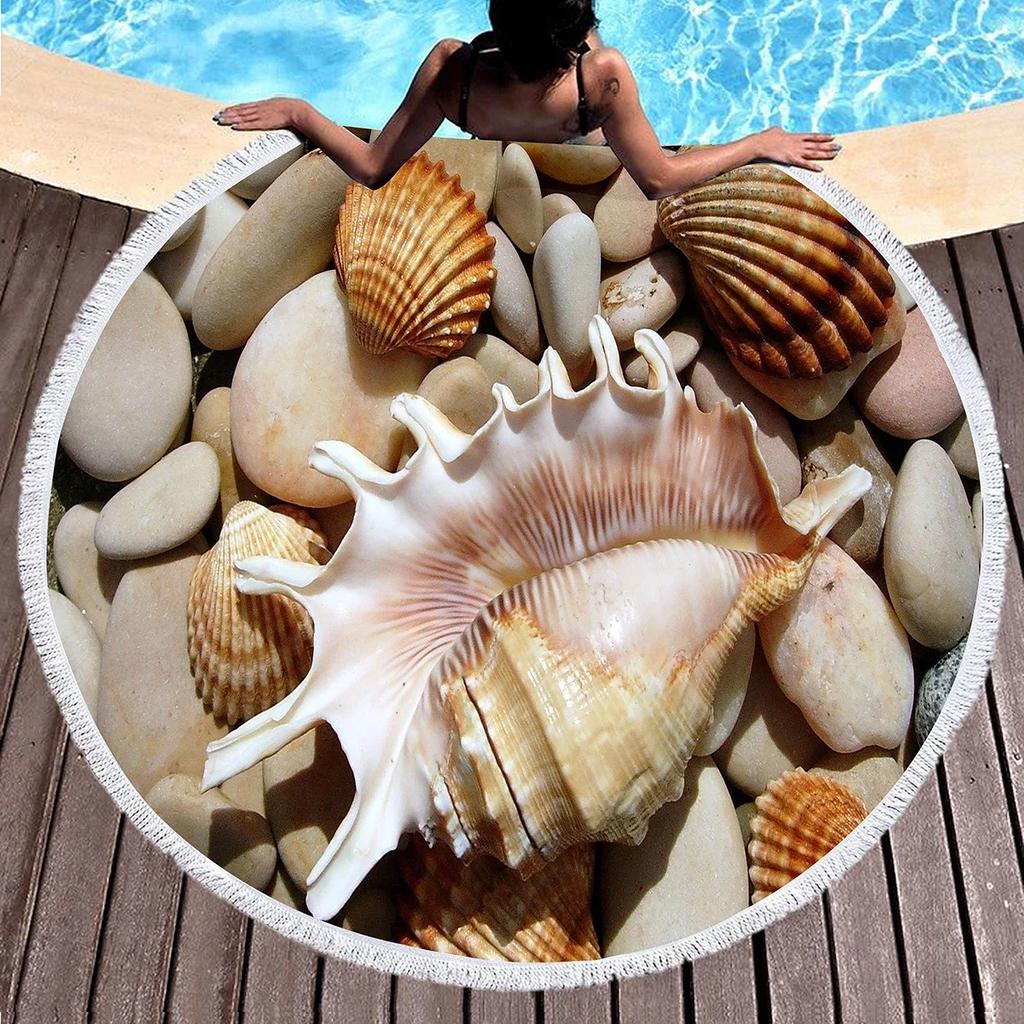 Round Beach Towels,Wave Seashell Print Sand Resistant Beach Blanket,Soft Absorbent Quick Dry Pool Towels Portable Picnic Mat