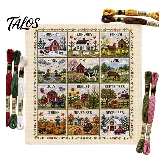 Twelve Month Decorative Wall Art 12-Month Cross Stitch Kit, DIY Four Seasons Embroidery Seasonal Monthly Kit Stamped Stitching Craft Set for