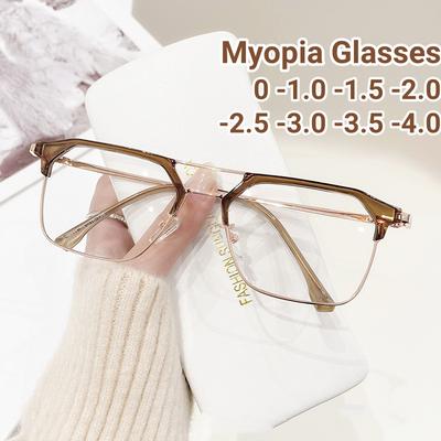 Double Beam Half Frame Myopia Glasses Korean Trend Square Frame Anti Blue Light Short Sight Eyewear for Women Men
