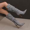 Grey Blue Women Knee High Boots High Stiletto Heel Big Size 50