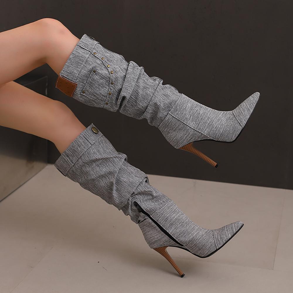 Grey Blue Women Knee High Boots High Stiletto Heel Big Size 50